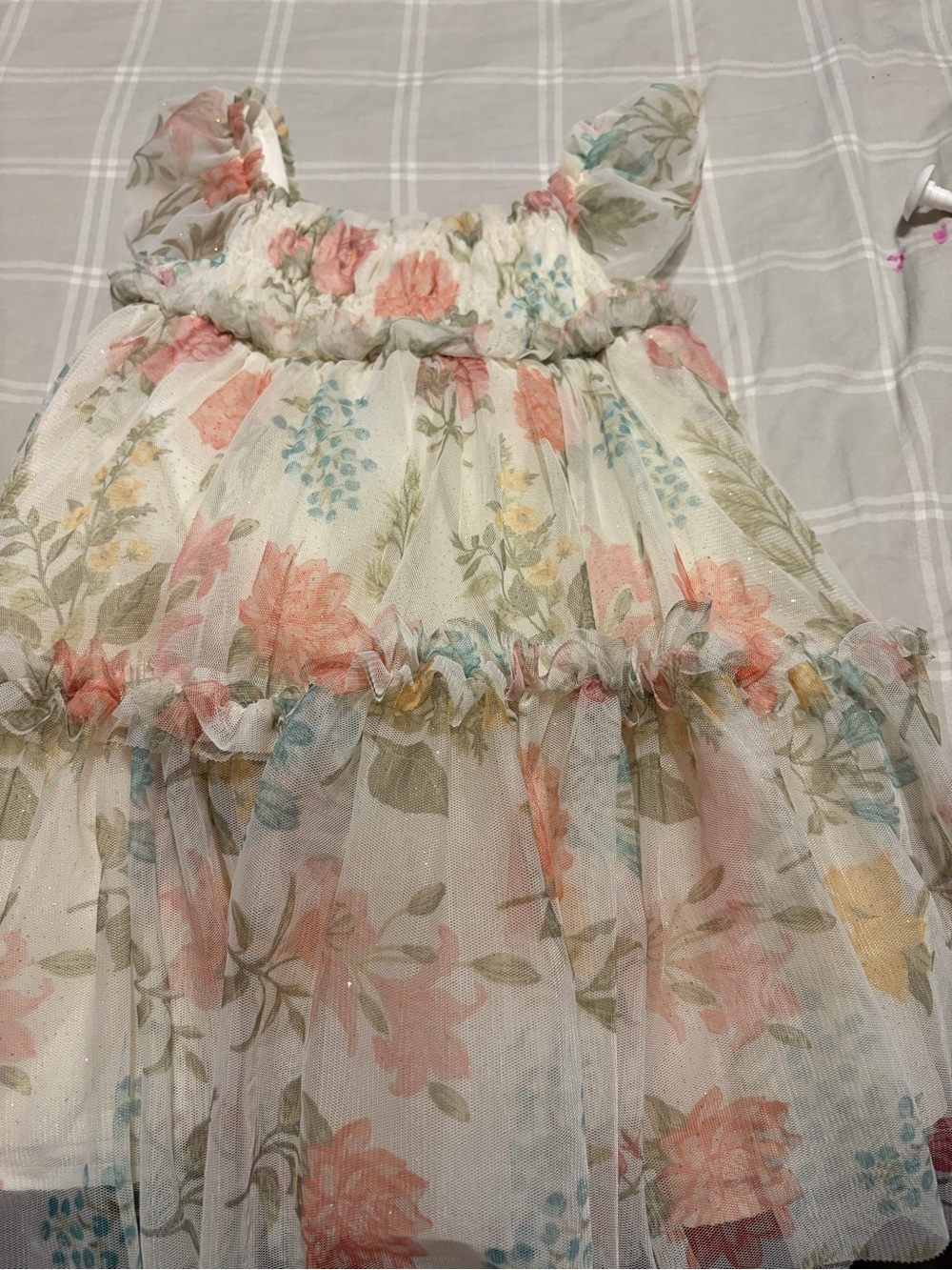 Rachel Zoe Floral Tulle Dress in Cream with Pink & Blue Blooms